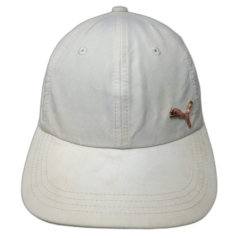 Puma Baseball Cap White One Size Gold Metallic Logo Slideback Polyester OSFA Hat